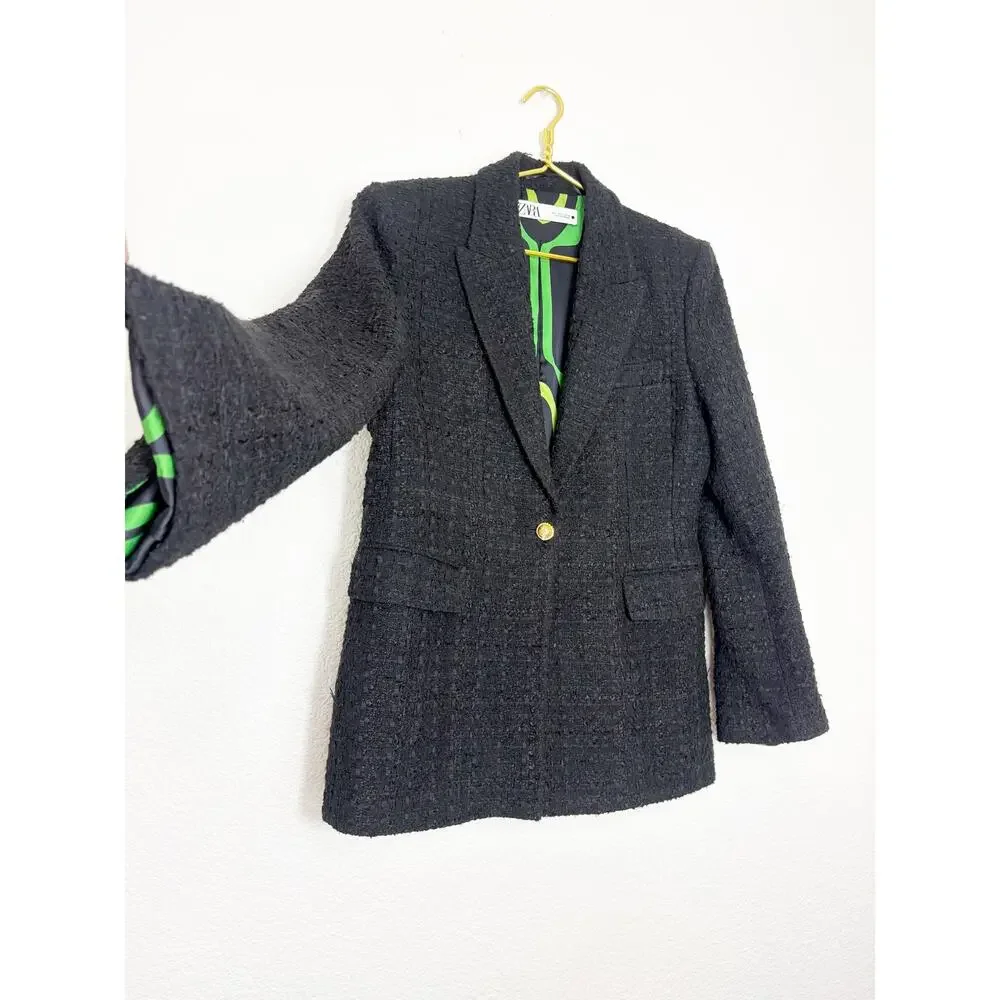 Zara Black Textured Tweed Blazer Size Large Oversized Chic Quiet Luxury Office